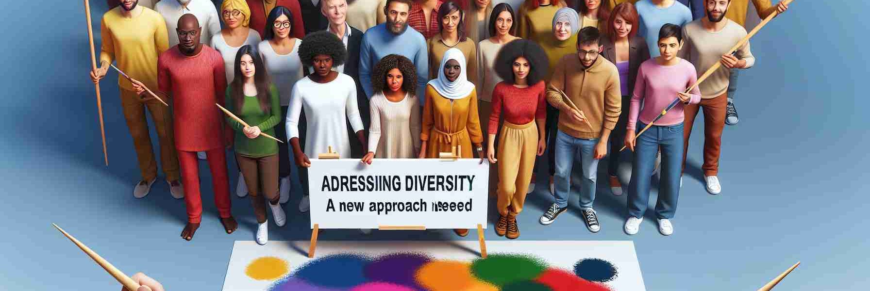 Create a realistic, high-definition image that visually communicates the theme of 'Addressing Diversity: A New Approach Needed'. This picture should include individuals from a variety of descents such as Caucasian, Black, Hispanic, Middle-Eastern and South-Asian; each showing equality and respect for each other, thus embodying the concept of diversity. This group of people can be metaphorically painting a new, colourful canvas together, standing on a plain white background to emphasize their unity in this new approach to diversification.