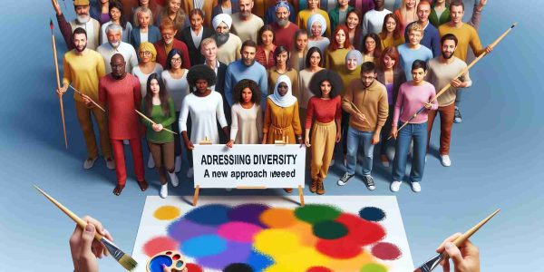 Create a realistic, high-definition image that visually communicates the theme of 'Addressing Diversity: A New Approach Needed'. This picture should include individuals from a variety of descents such as Caucasian, Black, Hispanic, Middle-Eastern and South-Asian; each showing equality and respect for each other, thus embodying the concept of diversity. This group of people can be metaphorically painting a new, colourful canvas together, standing on a plain white background to emphasize their unity in this new approach to diversification.