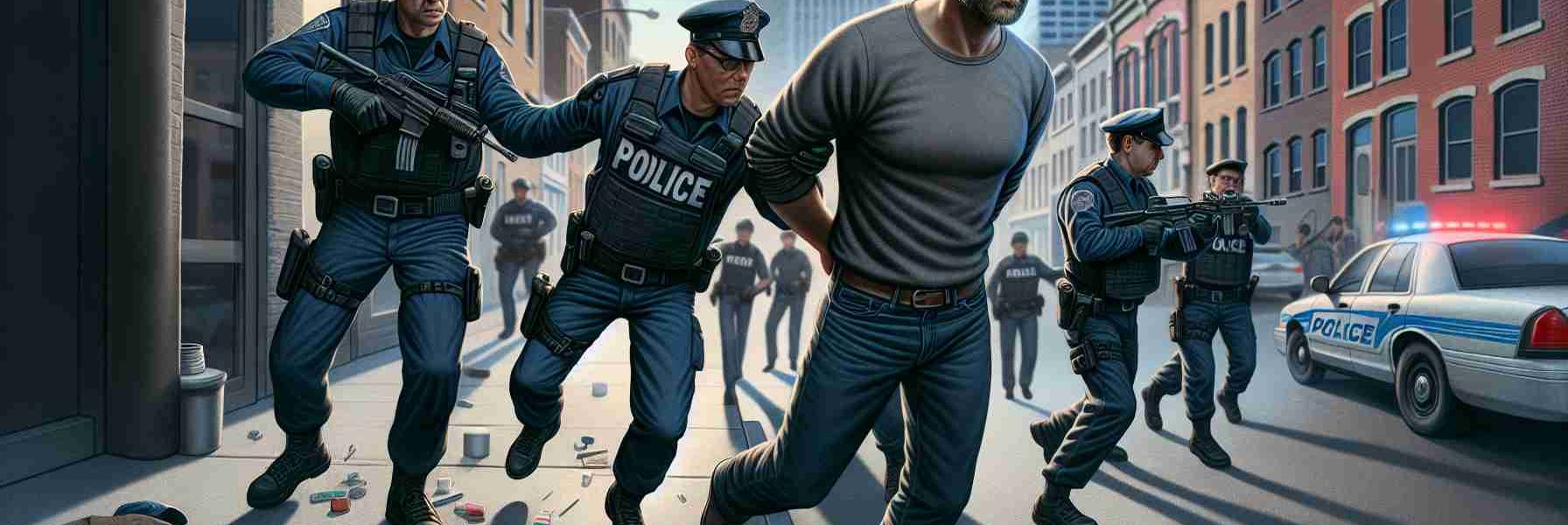 Detailed and realistic image of a scene depicting an adult Caucasian man being apprehended by law enforcement in a city setting for alleged acts of vandalism against public art.