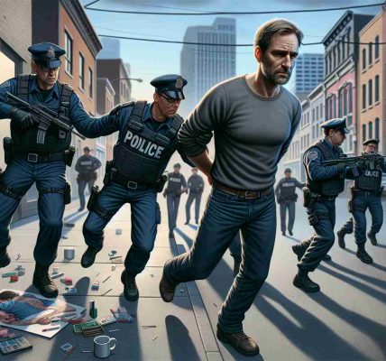 Detailed and realistic image of a scene depicting an adult Caucasian man being apprehended by law enforcement in a city setting for alleged acts of vandalism against public art.