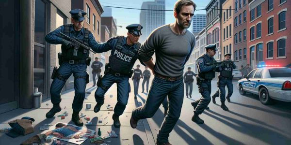 Detailed and realistic image of a scene depicting an adult Caucasian man being apprehended by law enforcement in a city setting for alleged acts of vandalism against public art.