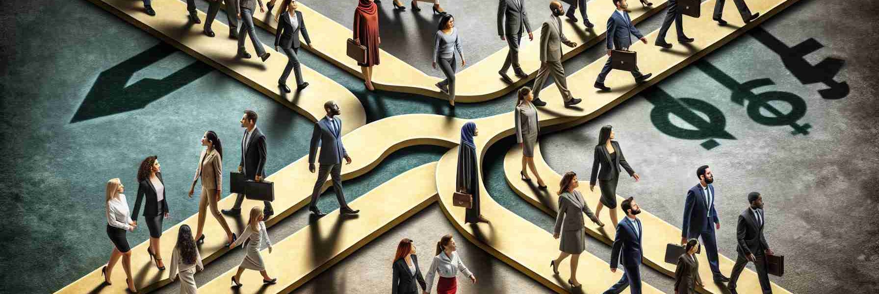 Create a high-definition, realistic image representing the diversity challenge in corporate America. The scene should include a symbolic crossroads, with each path representing a different approach to diversity policies. On each route, depict a variety of people of different genders and descents. For example, one path could be lined with South Asian women in business suits, another could have Caucasian men in creative professions, another could be populated by a mix of Middle-Eastern and Hispanic in various roles, and so on. Remember to represent all equally and portray the atmosphere of important decision making.