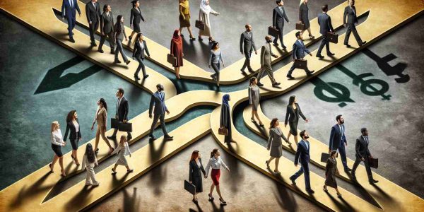 Create a high-definition, realistic image representing the diversity challenge in corporate America. The scene should include a symbolic crossroads, with each path representing a different approach to diversity policies. On each route, depict a variety of people of different genders and descents. For example, one path could be lined with South Asian women in business suits, another could have Caucasian men in creative professions, another could be populated by a mix of Middle-Eastern and Hispanic in various roles, and so on. Remember to represent all equally and portray the atmosphere of important decision making.