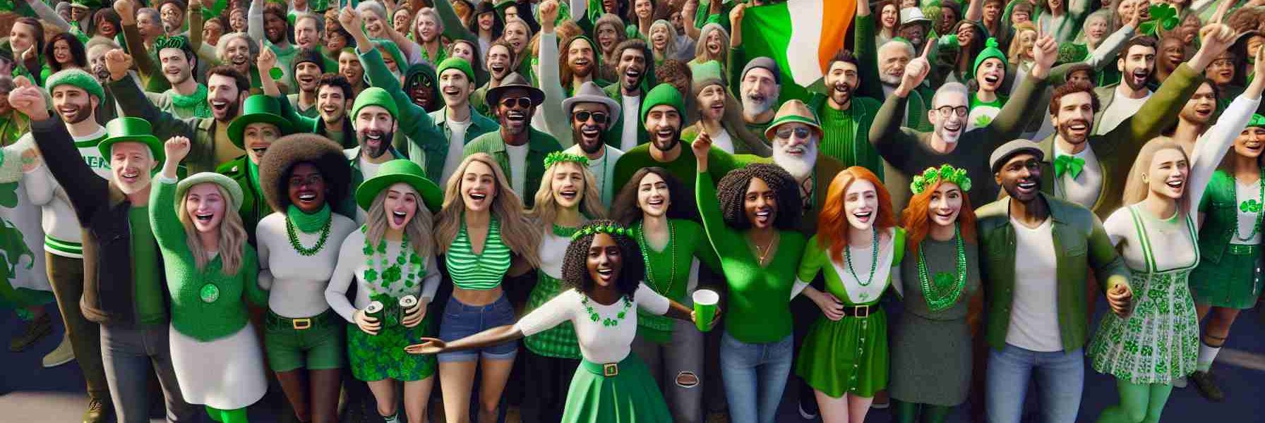 A high-definition, realistic photograph depicting the St. Patrick's Day Parade on Staten Island. The scene captures an array of people from different descents and genders showcasing a beautiful image of inclusivity. You can see people of Caucasian, Black, Hispanic, Middle-Eastern, and South Asian origins all joyously participating in the parade. They are adorned in green attire, decked with shamrock accessories, and some are waving the Irish flag in the air. The pride and unity in diversity are truly palpable.