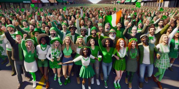 A high-definition, realistic photograph depicting the St. Patrick's Day Parade on Staten Island. The scene captures an array of people from different descents and genders showcasing a beautiful image of inclusivity. You can see people of Caucasian, Black, Hispanic, Middle-Eastern, and South Asian origins all joyously participating in the parade. They are adorned in green attire, decked with shamrock accessories, and some are waving the Irish flag in the air. The pride and unity in diversity are truly palpable.