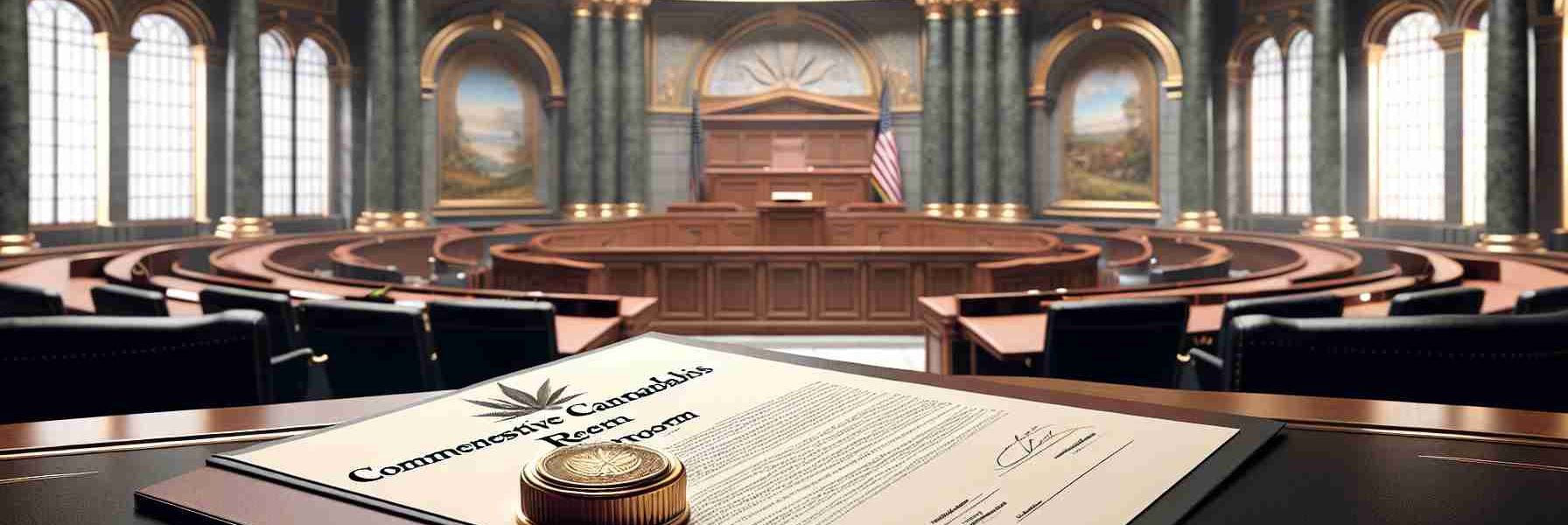 A high-definition, realistic image of an elaborate piece of legislation on comprehensive cannabis reform, presented on a formal document with an official seal, placed on a polished wooden desk. The background features a large, ornate room with arches, a domed ceiling, decorated columns, and large windows pouring in natural light. The room is devoid of any specific individuals, focusing more on the atmosphere of a professional legislative chamber.