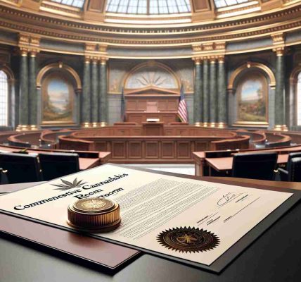 A high-definition, realistic image of an elaborate piece of legislation on comprehensive cannabis reform, presented on a formal document with an official seal, placed on a polished wooden desk. The background features a large, ornate room with arches, a domed ceiling, decorated columns, and large windows pouring in natural light. The room is devoid of any specific individuals, focusing more on the atmosphere of a professional legislative chamber.