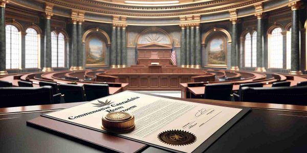 A high-definition, realistic image of an elaborate piece of legislation on comprehensive cannabis reform, presented on a formal document with an official seal, placed on a polished wooden desk. The background features a large, ornate room with arches, a domed ceiling, decorated columns, and large windows pouring in natural light. The room is devoid of any specific individuals, focusing more on the atmosphere of a professional legislative chamber.