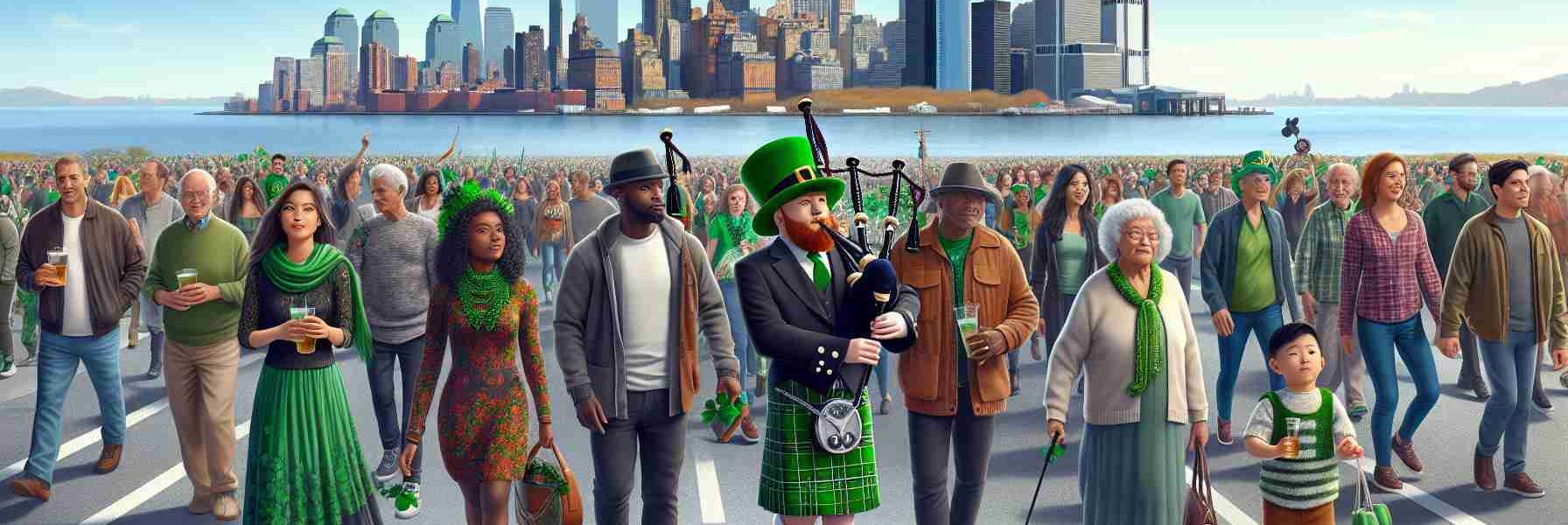 Generate a high-definition, realistic image of a St. Patrick's Day Parade on Staten Island. Include diverse section of the crowd, including a Black female in a traditional Irish dress dancing, a Middle-Eastern male playing a bagpipe, a South Asian child wearing a green hat walking a dog, and a Hispanic elderly couple, all taking part in the festive crowd. The skyline should be seen in the background.