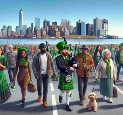 Generate a high-definition, realistic image of a St. Patrick's Day Parade on Staten Island. Include diverse section of the crowd, including a Black female in a traditional Irish dress dancing, a Middle-Eastern male playing a bagpipe, a South Asian child wearing a green hat walking a dog, and a Hispanic elderly couple, all taking part in the festive crowd. The skyline should be seen in the background.