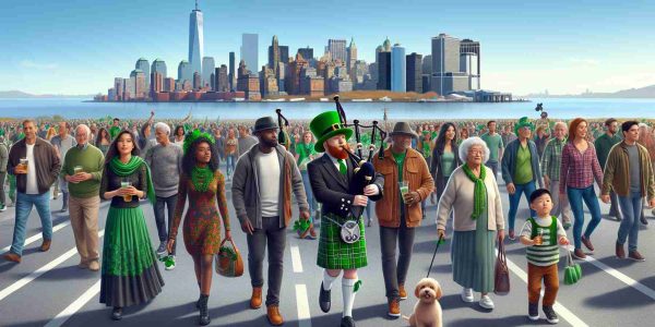 Generate a high-definition, realistic image of a St. Patrick's Day Parade on Staten Island. Include diverse section of the crowd, including a Black female in a traditional Irish dress dancing, a Middle-Eastern male playing a bagpipe, a South Asian child wearing a green hat walking a dog, and a Hispanic elderly couple, all taking part in the festive crowd. The skyline should be seen in the background.