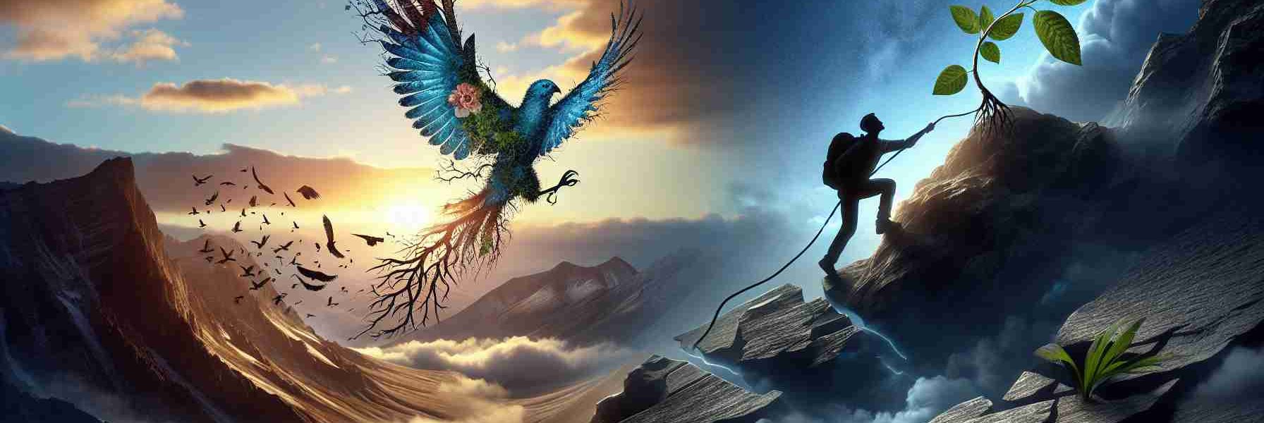 An emotionally powerful and realistic image in high-definition capturing the essence of 'Transcending Boundaries: A Story of Hope and Resilience'. Possibly, the image features a climber reaching the peak of a mountain against a beautiful sunrise, signifying the character transcending boundaries. Accompanied by elements of resilience such as a broken, but mended wing of a bird taking flight or a young plant sprouting from a crack in tough rocks to symbolize hope.