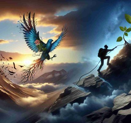 An emotionally powerful and realistic image in high-definition capturing the essence of 'Transcending Boundaries: A Story of Hope and Resilience'. Possibly, the image features a climber reaching the peak of a mountain against a beautiful sunrise, signifying the character transcending boundaries. Accompanied by elements of resilience such as a broken, but mended wing of a bird taking flight or a young plant sprouting from a crack in tough rocks to symbolize hope.