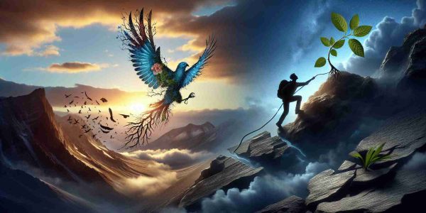 An emotionally powerful and realistic image in high-definition capturing the essence of 'Transcending Boundaries: A Story of Hope and Resilience'. Possibly, the image features a climber reaching the peak of a mountain against a beautiful sunrise, signifying the character transcending boundaries. Accompanied by elements of resilience such as a broken, but mended wing of a bird taking flight or a young plant sprouting from a crack in tough rocks to symbolize hope.