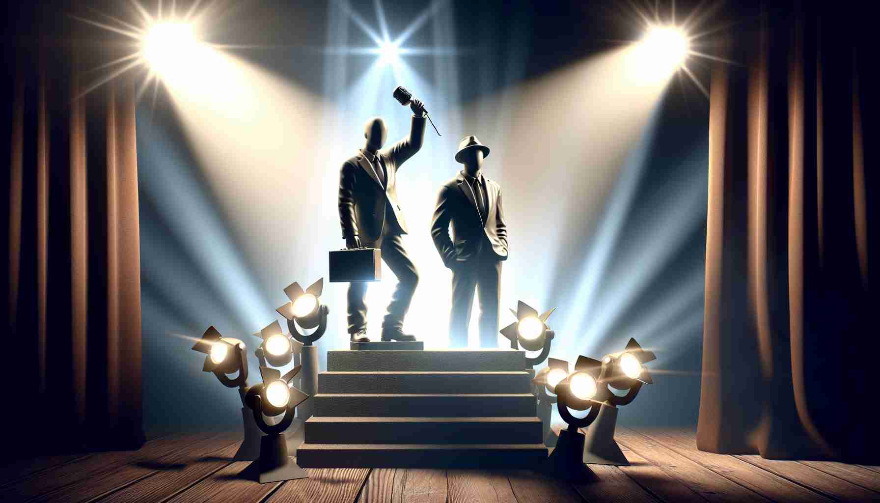 A high-definition, realistic image of a famous journey under the spotlight. It portrays two anonymous brothers who have reached incredible heights in their career. The scene conveys a sense of accomplishment and fame, reflecting their dedication and hard work.