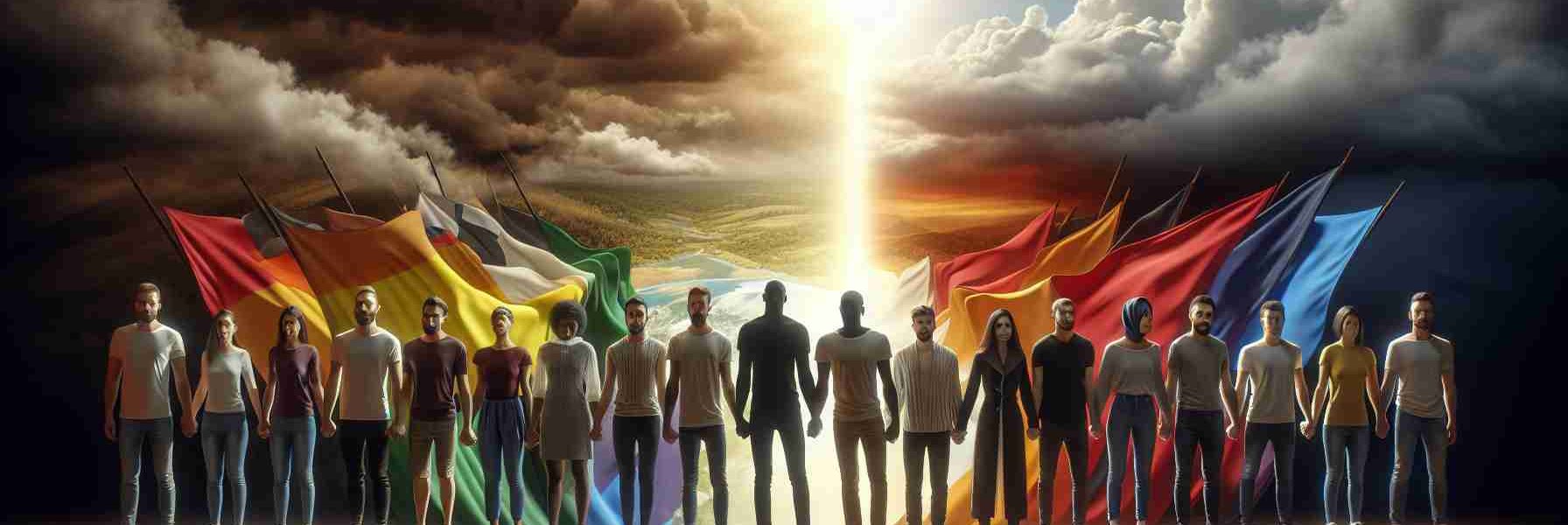 Realistic HD image of an empowering scene representing the LGBTQ+ community. The visual narrative should portray a group of diverse people, including individuals of various descents like Caucasian, Hispanic, Black, Middle-Eastern, South Asian, standing united and strong. In the background, represent a metaphorical changing political landscape. This could include elements like a diverse landscape transitioning from a dark, stormy weather to a bright, clear one, symbolizing positive change, growth, and resilience. Remember, this image should express unity, strength, and resilience amidst change.