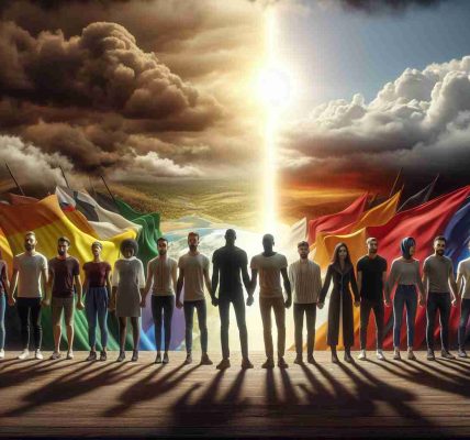 Realistic HD image of an empowering scene representing the LGBTQ+ community. The visual narrative should portray a group of diverse people, including individuals of various descents like Caucasian, Hispanic, Black, Middle-Eastern, South Asian, standing united and strong. In the background, represent a metaphorical changing political landscape. This could include elements like a diverse landscape transitioning from a dark, stormy weather to a bright, clear one, symbolizing positive change, growth, and resilience. Remember, this image should express unity, strength, and resilience amidst change.