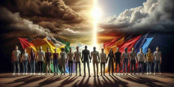 Realistic HD image of an empowering scene representing the LGBTQ+ community. The visual narrative should portray a group of diverse people, including individuals of various descents like Caucasian, Hispanic, Black, Middle-Eastern, South Asian, standing united and strong. In the background, represent a metaphorical changing political landscape. This could include elements like a diverse landscape transitioning from a dark, stormy weather to a bright, clear one, symbolizing positive change, growth, and resilience. Remember, this image should express unity, strength, and resilience amidst change.