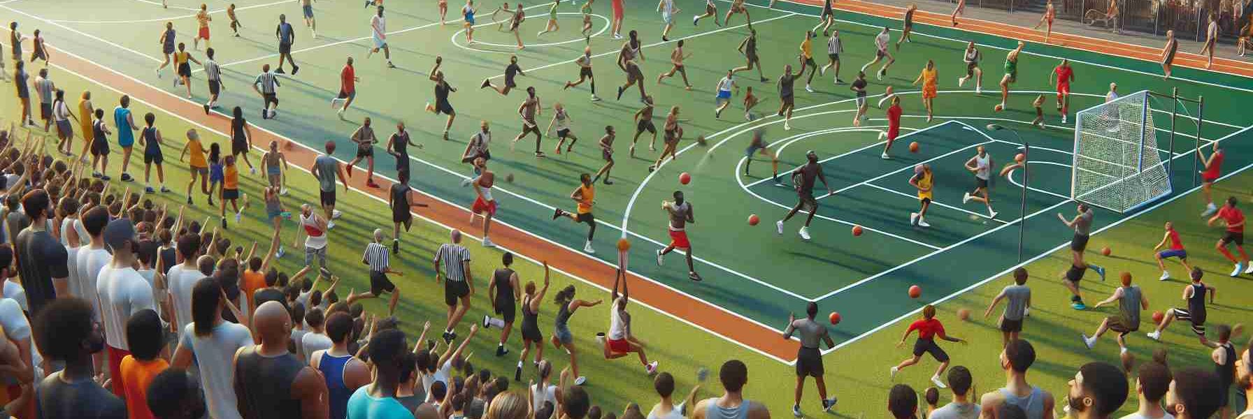 High-definition, hyperrealistic image showcasing the spirit of inclusivity in sports. Picture showing an expansive sports field teeming with athletes of different genders, ages, and descents including Black, Hispanic, Caucasian, South Asian, and Middle Eastern, participating earnestly in various games such as basketball, soccer, tennis, and athletics. The scene, full of energy and camaraderie, encourages the principle of inclusivity in sports as it transcends boundaries and brings together diverse groups of people in healthy competition.