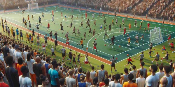 High-definition, hyperrealistic image showcasing the spirit of inclusivity in sports. Picture showing an expansive sports field teeming with athletes of different genders, ages, and descents including Black, Hispanic, Caucasian, South Asian, and Middle Eastern, participating earnestly in various games such as basketball, soccer, tennis, and athletics. The scene, full of energy and camaraderie, encourages the principle of inclusivity in sports as it transcends boundaries and brings together diverse groups of people in healthy competition.