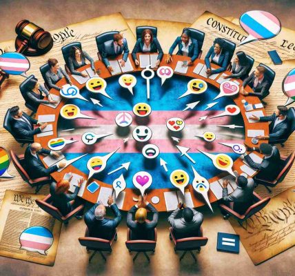 An abstract conceptual depiction representing a passionate discussion on transgender rights. The scene could include two groups of diverse individuals engrossed in an energetic conversation, each with an array of emoji speech bubbles denoting different viewpoints. The setting might be a round table conference with each group articulating their thoughts convincingly to represent the two sides of a debate. Elements like gavels, constitution booklets and equality symbols scattered around the table would indicate the context of the debate.