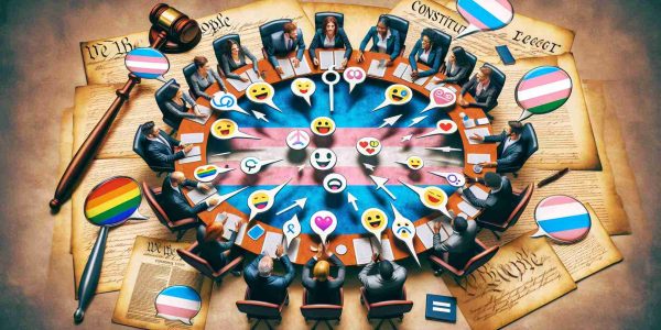 An abstract conceptual depiction representing a passionate discussion on transgender rights. The scene could include two groups of diverse individuals engrossed in an energetic conversation, each with an array of emoji speech bubbles denoting different viewpoints. The setting might be a round table conference with each group articulating their thoughts convincingly to represent the two sides of a debate. Elements like gavels, constitution booklets and equality symbols scattered around the table would indicate the context of the debate.