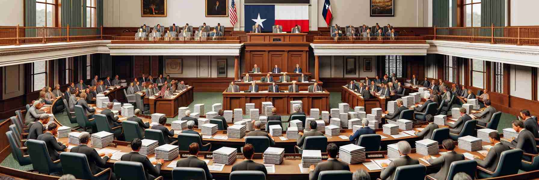 A realistic, high-definition representation of a legislative assembly room in Texas. The room is filled with assembled legislators of diverse ethnicities and genders, engaged in a discussion concerning comprehensive reform in cannabis legislation. There are stacks of documents on the desks, some labelled 'Cannabis Reform' and books labeled 'Legislative Procedures'. The Texas flag and the United States flag are displayed prominently on the wall. A sense of serious contemplation pervades the atmosphere, capturing the gravity of the proceedings underway.