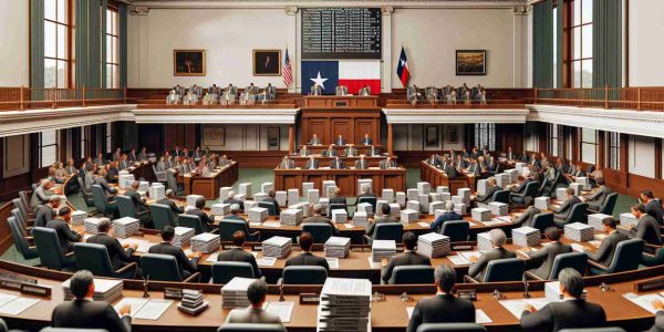 A realistic, high-definition representation of a legislative assembly room in Texas. The room is filled with assembled legislators of diverse ethnicities and genders, engaged in a discussion concerning comprehensive reform in cannabis legislation. There are stacks of documents on the desks, some labelled 'Cannabis Reform' and books labeled 'Legislative Procedures'. The Texas flag and the United States flag are displayed prominently on the wall. A sense of serious contemplation pervades the atmosphere, capturing the gravity of the proceedings underway.