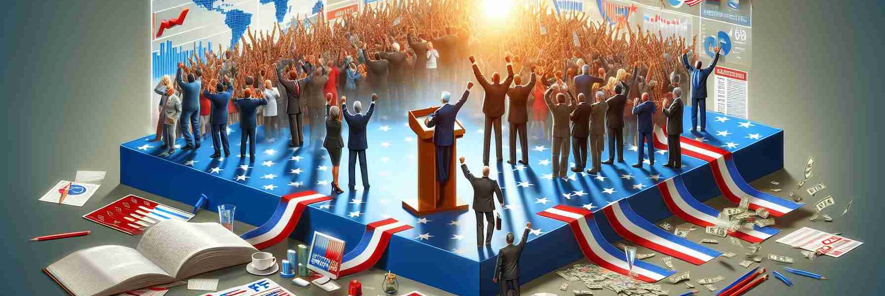 Realistic high-definition image representing a politician's election strategy succeeding with a resounding victory. Depict elements such as campaign rallies, canvassing efforts, speeches, decision-making processes, and the use of technology in the campaign. Infuse the image with a sense of victory and triumph, illustrating the jubilation of the campaign workforce and the politician's satisfaction.