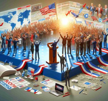 Realistic high-definition image representing a politician's election strategy succeeding with a resounding victory. Depict elements such as campaign rallies, canvassing efforts, speeches, decision-making processes, and the use of technology in the campaign. Infuse the image with a sense of victory and triumph, illustrating the jubilation of the campaign workforce and the politician's satisfaction.