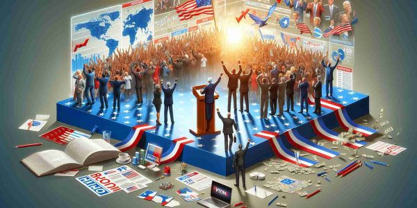 Realistic high-definition image representing a politician's election strategy succeeding with a resounding victory. Depict elements such as campaign rallies, canvassing efforts, speeches, decision-making processes, and the use of technology in the campaign. Infuse the image with a sense of victory and triumph, illustrating the jubilation of the campaign workforce and the politician's satisfaction.