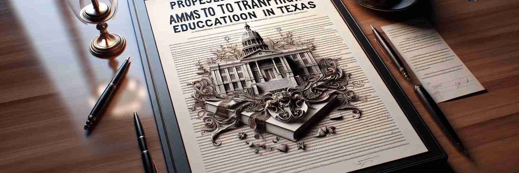 An intricate, HD rendering of a document titled 'Proposed Legislation Aims to Transform Higher Education in Texas', laid on a polished mahogany table. The document is detailed with sections, text, and legal terminologies. The backdrop elements should include a pen, a cup of black coffee, a pair of glasses and scattered papers with text related to Education in Texas. Illumination comes from an antique desk lamp positioned off to one side, casting soft, warm light and creating a striking ambiance.