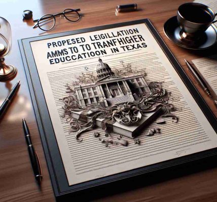 An intricate, HD rendering of a document titled 'Proposed Legislation Aims to Transform Higher Education in Texas', laid on a polished mahogany table. The document is detailed with sections, text, and legal terminologies. The backdrop elements should include a pen, a cup of black coffee, a pair of glasses and scattered papers with text related to Education in Texas. Illumination comes from an antique desk lamp positioned off to one side, casting soft, warm light and creating a striking ambiance.