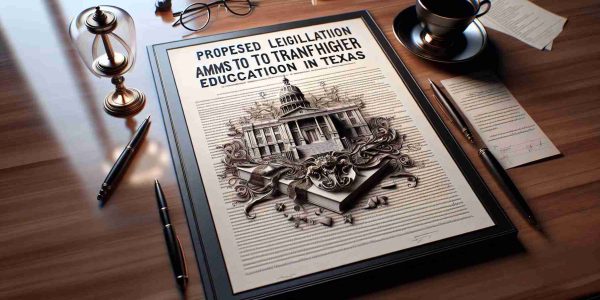 An intricate, HD rendering of a document titled 'Proposed Legislation Aims to Transform Higher Education in Texas', laid on a polished mahogany table. The document is detailed with sections, text, and legal terminologies. The backdrop elements should include a pen, a cup of black coffee, a pair of glasses and scattered papers with text related to Education in Texas. Illumination comes from an antique desk lamp positioned off to one side, casting soft, warm light and creating a striking ambiance.