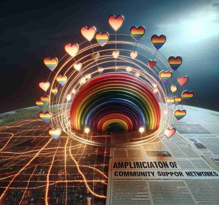 A realistic high definition image depicting the amplification of community support networks. It is encircling an LGBTQ+ outreach event signified by various symbols like the rainbow flag and heart shapes. The environment gives the impression of a surge, symbolising growing support. The context is a non-specific recent event that caused this surge, signified by newspapers or calendar notations. The emphasis is not on the specific event but rather the positive response of increased support and outreach towards the LGBTQ+ community.