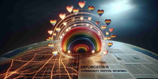 A realistic high definition image depicting the amplification of community support networks. It is encircling an LGBTQ+ outreach event signified by various symbols like the rainbow flag and heart shapes. The environment gives the impression of a surge, symbolising growing support. The context is a non-specific recent event that caused this surge, signified by newspapers or calendar notations. The emphasis is not on the specific event but rather the positive response of increased support and outreach towards the LGBTQ+ community.