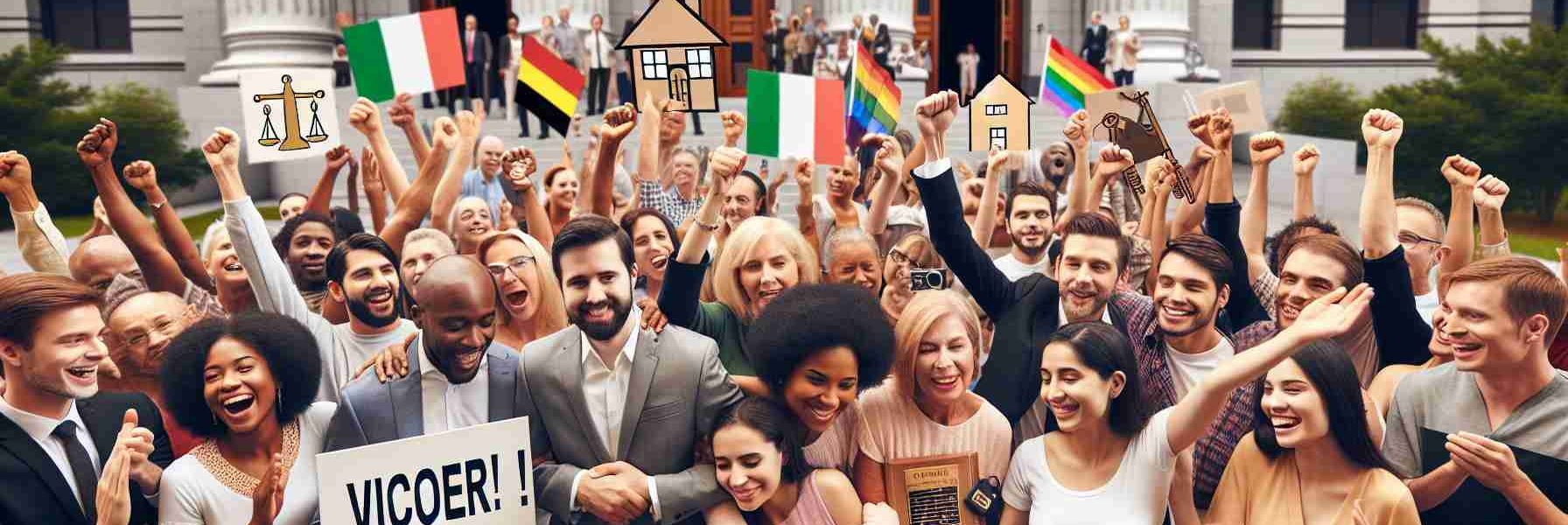 High-definition, realistic photo depicting the victory for equality in housing and inheritance rights. The scene includes a diverse mix of people of different genders and descents such as Middle-Eastern, Black, Hispanic, South Asian, Caucasian, and White, all celebrating together. They are outside a courthouse, holding signs of victory and equality. Symbols signifying housing such as houses and keys and inheritance rights such as legal documents and family photos can be seen among them. Some people are shaking hands, others are hugging, displaying unity and communal happiness.