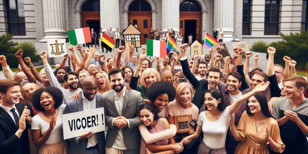 High-definition, realistic photo depicting the victory for equality in housing and inheritance rights. The scene includes a diverse mix of people of different genders and descents such as Middle-Eastern, Black, Hispanic, South Asian, Caucasian, and White, all celebrating together. They are outside a courthouse, holding signs of victory and equality. Symbols signifying housing such as houses and keys and inheritance rights such as legal documents and family photos can be seen among them. Some people are shaking hands, others are hugging, displaying unity and communal happiness.