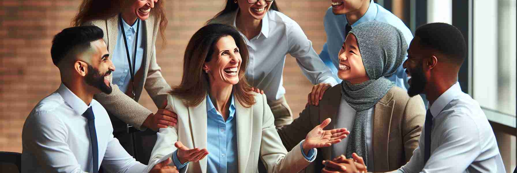 A high-definition image illustrating the embrace of diversity and inclusion within a professional working environment. A Caucasian woman, serving as a company executive, is leading a meeting with a diverse group of employees: an Asian male engineer, a Middle-Eastern female accountant, a Black male marketing manager, and a Hispanic female human resources specialist. All individuals are joyfully interacting and dynamically exchanging ideas while working on a common project. The office environment is modern and welcoming, promoting an atmosphere of respect and collaboration.