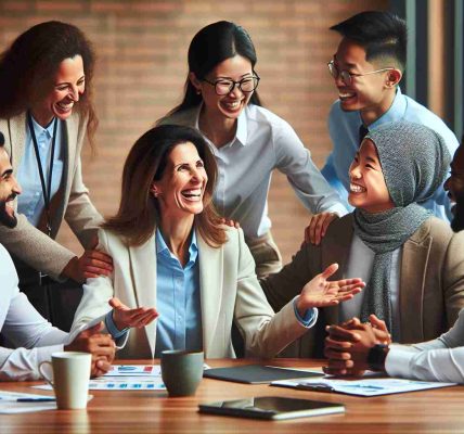 A high-definition image illustrating the embrace of diversity and inclusion within a professional working environment. A Caucasian woman, serving as a company executive, is leading a meeting with a diverse group of employees: an Asian male engineer, a Middle-Eastern female accountant, a Black male marketing manager, and a Hispanic female human resources specialist. All individuals are joyfully interacting and dynamically exchanging ideas while working on a common project. The office environment is modern and welcoming, promoting an atmosphere of respect and collaboration.