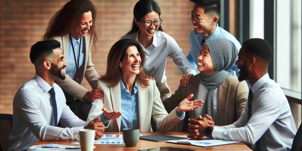 A high-definition image illustrating the embrace of diversity and inclusion within a professional working environment. A Caucasian woman, serving as a company executive, is leading a meeting with a diverse group of employees: an Asian male engineer, a Middle-Eastern female accountant, a Black male marketing manager, and a Hispanic female human resources specialist. All individuals are joyfully interacting and dynamically exchanging ideas while working on a common project. The office environment is modern and welcoming, promoting an atmosphere of respect and collaboration.