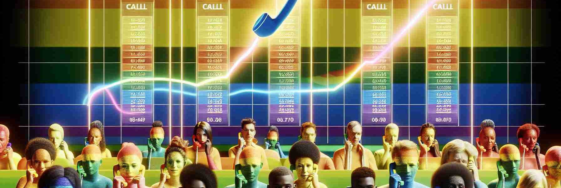 Generate a realistic high definition image representing a surge in support calls for the LGBTQ+ community, indicative of increased awareness. The image could include visual feed of multicolored phone lines getting busier, charts showing growth in call volume, and a background infused with the colors of the LGBTQ+ pride flag to signify the community. Include diverse callers from different descents like Hispanic, Middle-Eastern, Black, Caucasian, South Asian and White, showing their support.