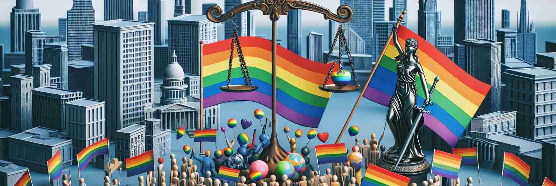 Create a high-definition, realistic image of a symbolic representation of supporting LGBTQ+ rights in the context of modern politics. The image should include various symbolic elements such as the rainbow flag, the scales of justice as a sign of equality, and a modern cityscape as the background, to signify current times. Please exclude real politicians or other public figures in the scene. Also, show a variety of people, reflecting different races and genders, participating in a peaceful demonstration for LGBTQ+ rights.