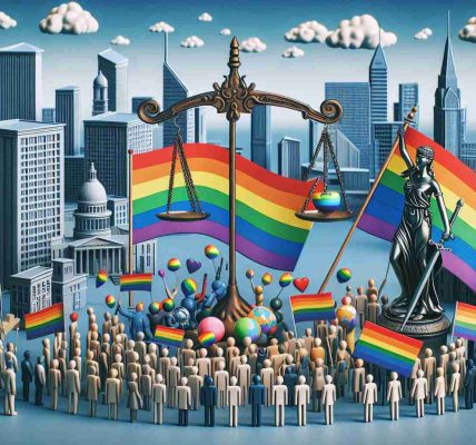 Create a high-definition, realistic image of a symbolic representation of supporting LGBTQ+ rights in the context of modern politics. The image should include various symbolic elements such as the rainbow flag, the scales of justice as a sign of equality, and a modern cityscape as the background, to signify current times. Please exclude real politicians or other public figures in the scene. Also, show a variety of people, reflecting different races and genders, participating in a peaceful demonstration for LGBTQ+ rights.