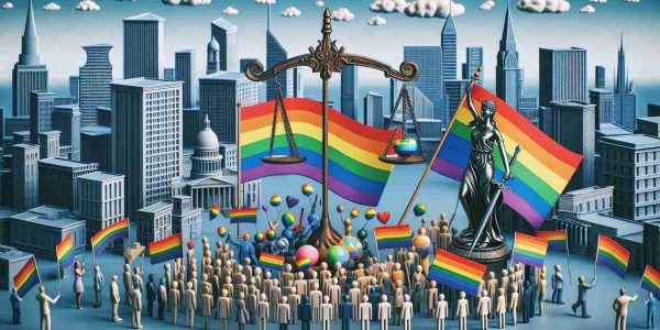 Create a high-definition, realistic image of a symbolic representation of supporting LGBTQ+ rights in the context of modern politics. The image should include various symbolic elements such as the rainbow flag, the scales of justice as a sign of equality, and a modern cityscape as the background, to signify current times. Please exclude real politicians or other public figures in the scene. Also, show a variety of people, reflecting different races and genders, participating in a peaceful demonstration for LGBTQ+ rights.