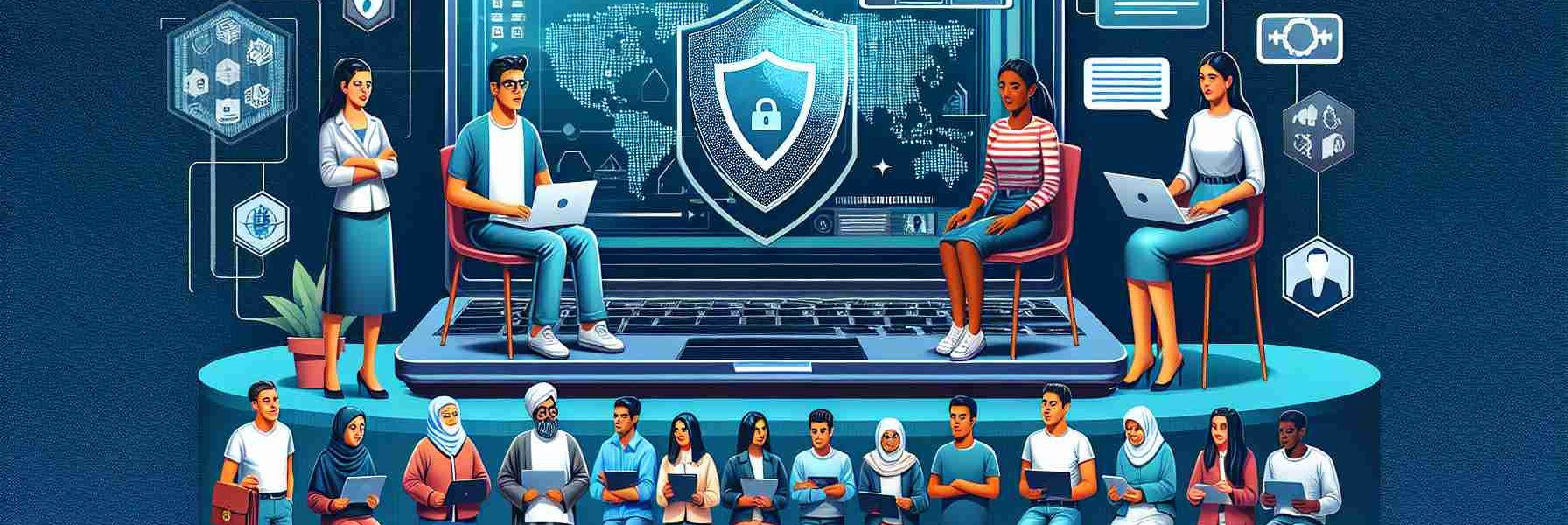 Illustrated high-resolution image of a digital representation visually capturing the concept of rising awareness of cybersecurity threats. The composition should showcase diverse communities. Portray a Caucasian woman and a Middle-Eastern male discussing the cybersecurity challenges, a South Asian man using his laptop with visible protective software, a Black woman holding a seminar on the subject for a multicultural audience, and a Hispanic man scanning his tech devices for potential threats.