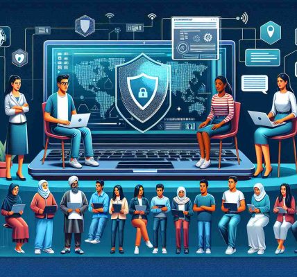 Illustrated high-resolution image of a digital representation visually capturing the concept of rising awareness of cybersecurity threats. The composition should showcase diverse communities. Portray a Caucasian woman and a Middle-Eastern male discussing the cybersecurity challenges, a South Asian man using his laptop with visible protective software, a Black woman holding a seminar on the subject for a multicultural audience, and a Hispanic man scanning his tech devices for potential threats.