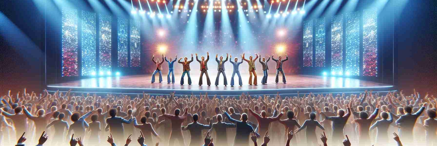 High-definition, realistic image of a popular disco song, known for its distinctive dance moves, being performed on a grand stage. The stage is brightly lit and crowded, elaborate with rich colors and dynamic lights. The performing group is joyfully executing the significant arm-gestures for the song, with the audience enthusiastically participating. However, the scene lacks specific political elements, focusing purely on the music and collective spirit.