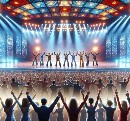 High-definition, realistic image of a popular disco song, known for its distinctive dance moves, being performed on a grand stage. The stage is brightly lit and crowded, elaborate with rich colors and dynamic lights. The performing group is joyfully executing the significant arm-gestures for the song, with the audience enthusiastically participating. However, the scene lacks specific political elements, focusing purely on the music and collective spirit.