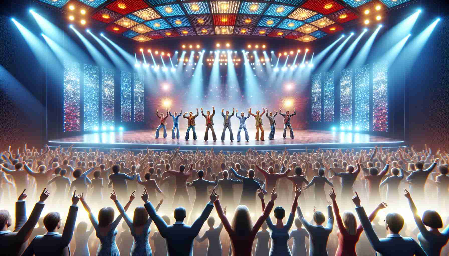 High-definition, realistic image of a popular disco song, known for its distinctive dance moves, being performed on a grand stage. The stage is brightly lit and crowded, elaborate with rich colors and dynamic lights. The performing group is joyfully executing the significant arm-gestures for the song, with the audience enthusiastically participating. However, the scene lacks specific political elements, focusing purely on the music and collective spirit.